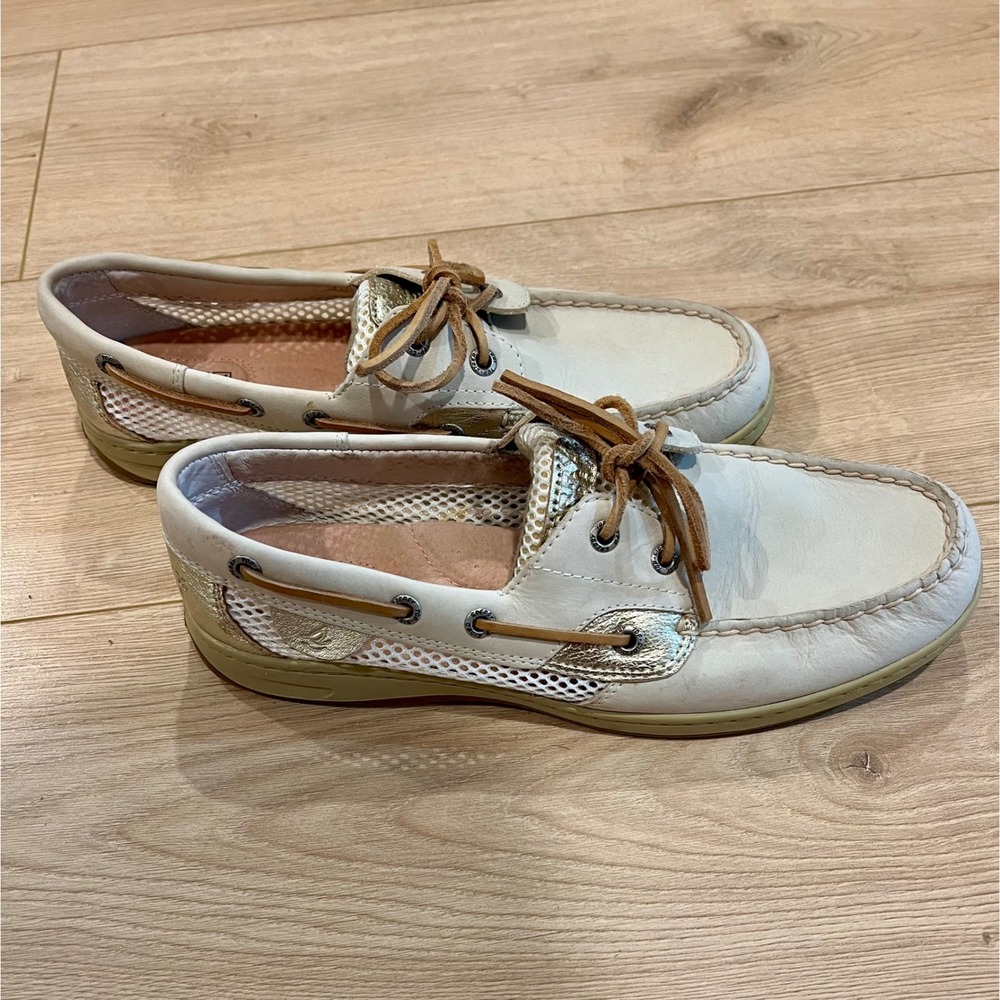 Sperry Top-Sider Angfish Boat Shoes 10 Cream Gold Leather Mesh Loafers Womens - Picture 3 of 9